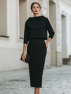 Boat Neck Top High-Waist Midi Skirt Set