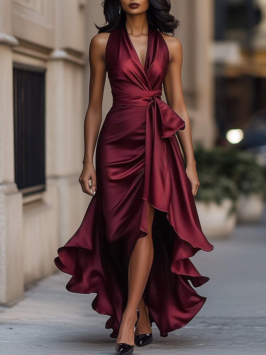 Satin Halter Gown with Ruffle Skirt