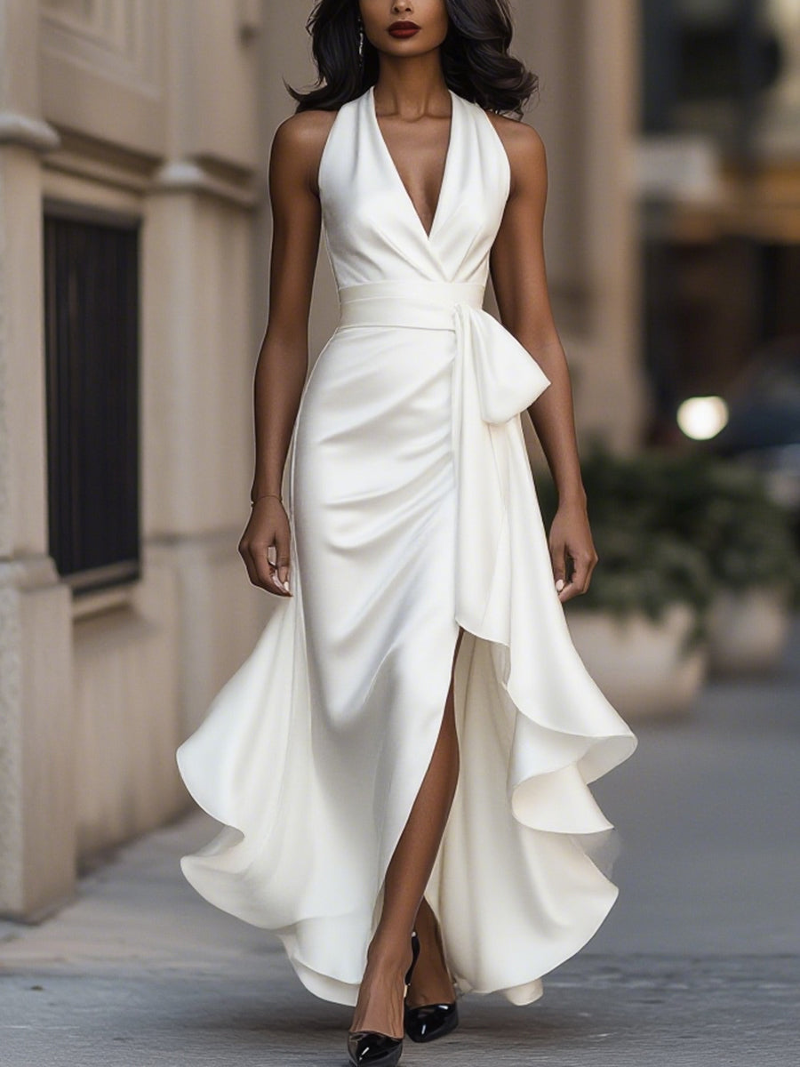Satin Halter Gown with Ruffle Skirt