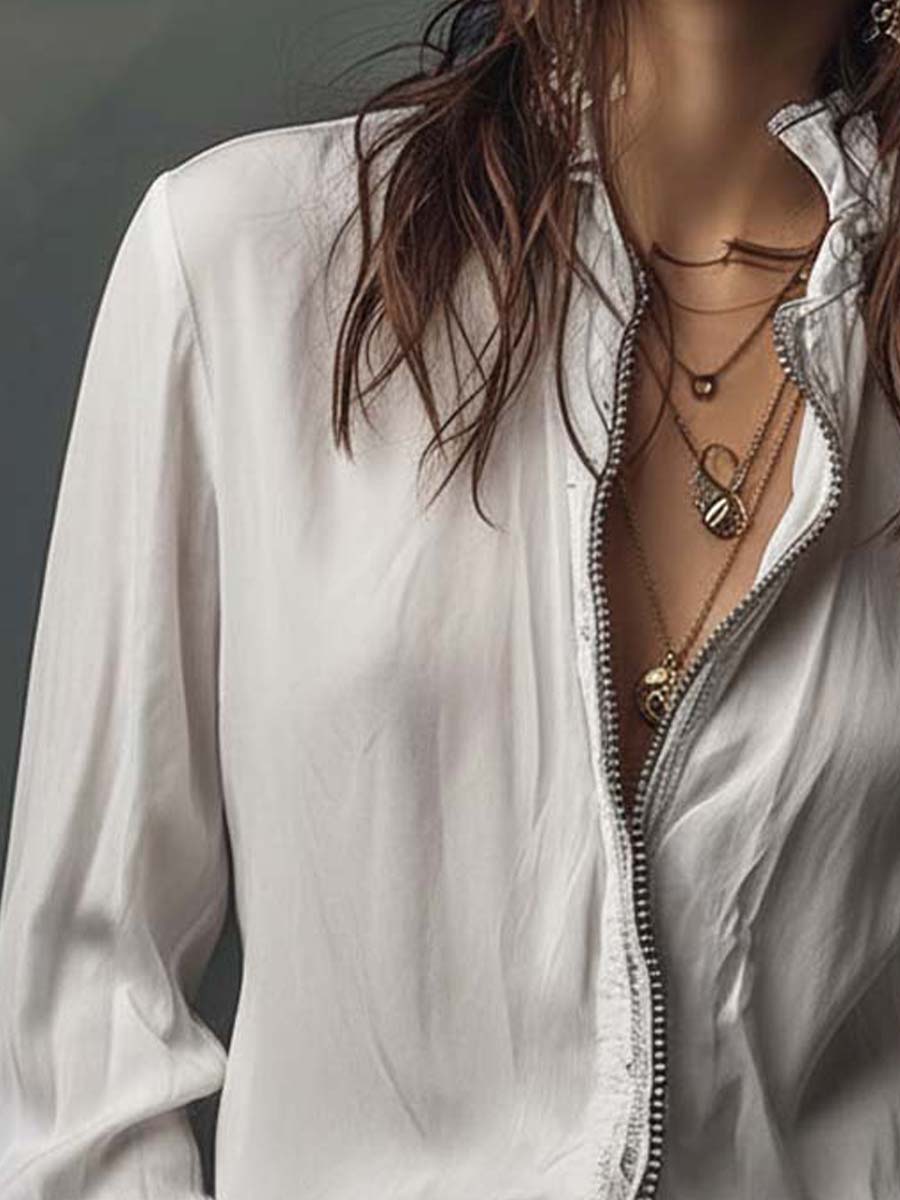 Zip-Front Blouse with Flounce Cuffs
