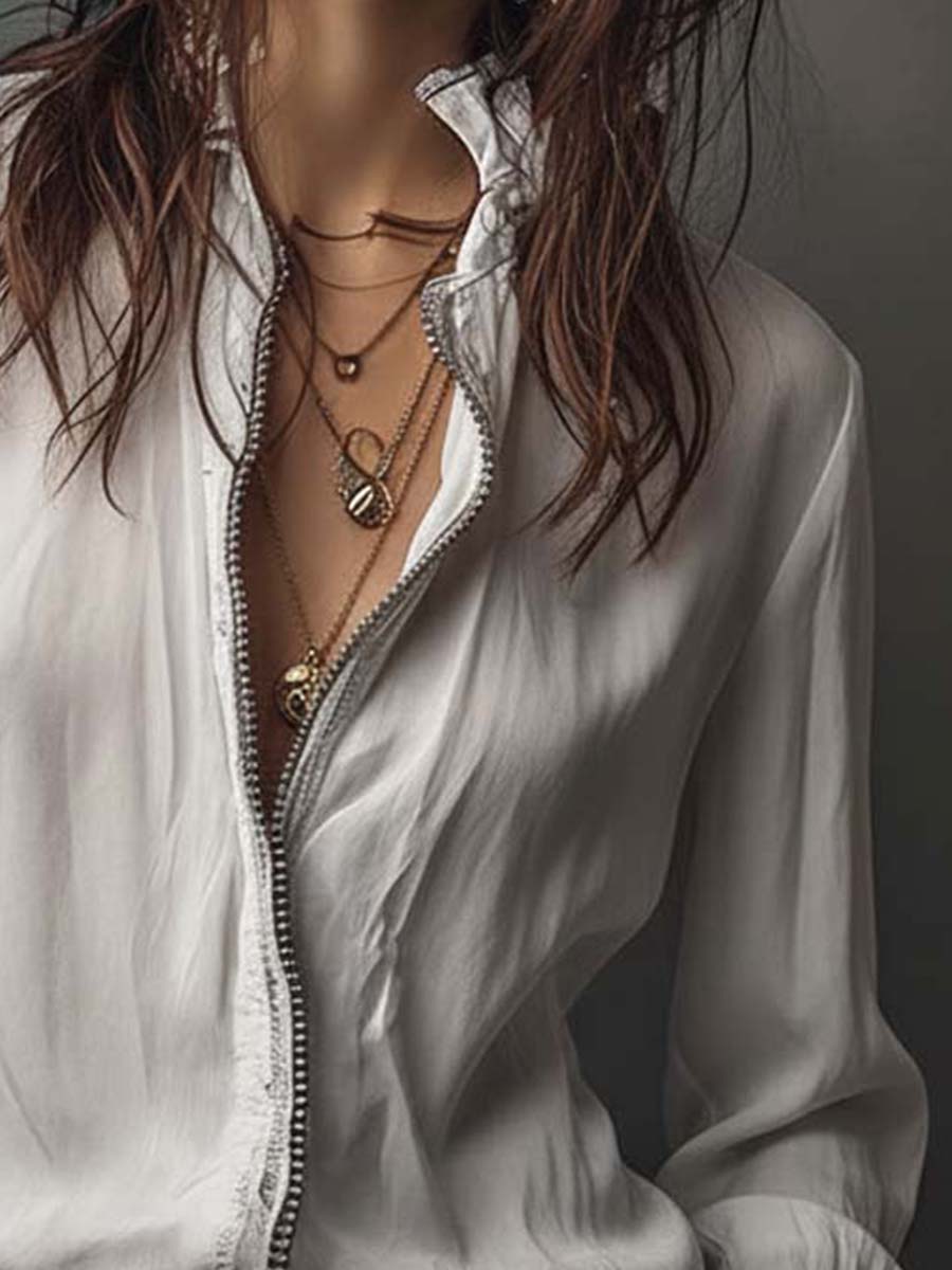 Zip-Front Blouse with Flounce Cuffs
