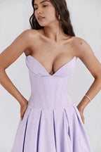 Strapless Boned Corset Midi Dress Voluminous Skirt