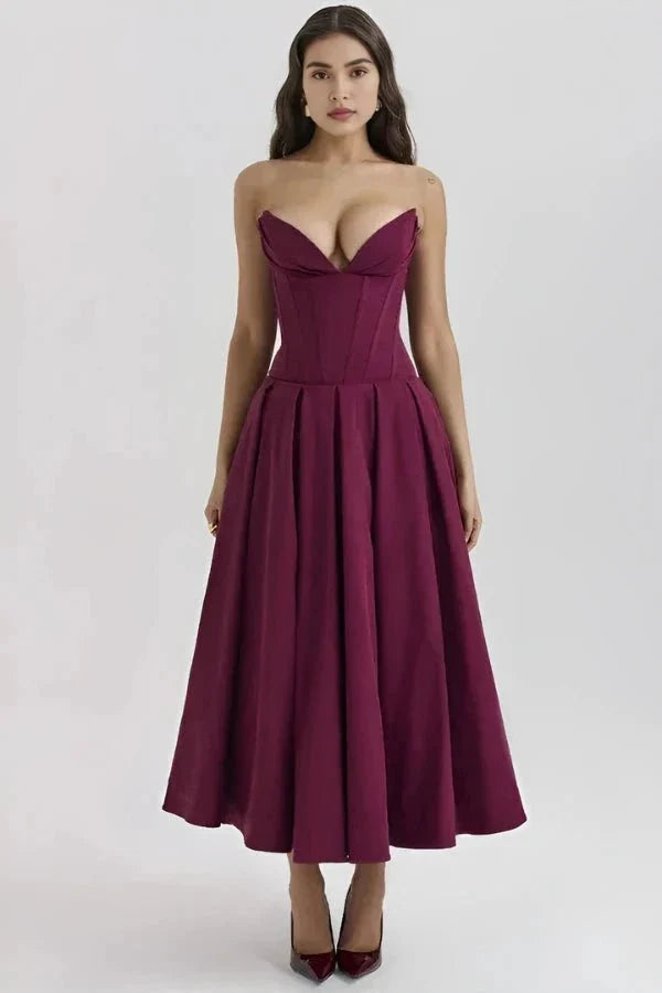 Strapless Boned Corset Midi Dress Voluminous Skirt