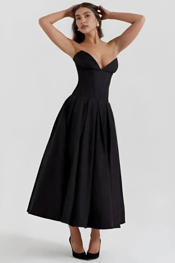 Strapless Boned Corset Midi Dress Voluminous Skirt