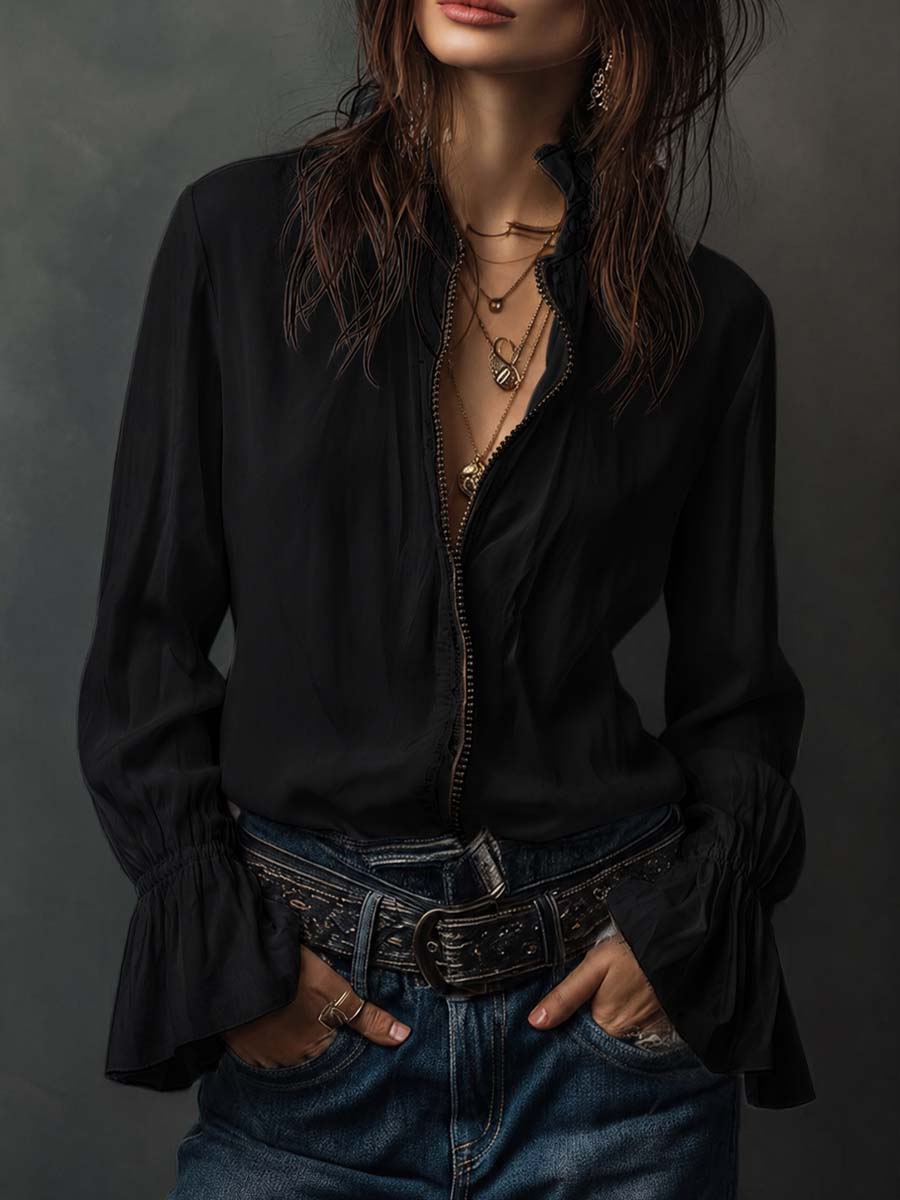 Zip-Front Blouse with Flounce Cuffs