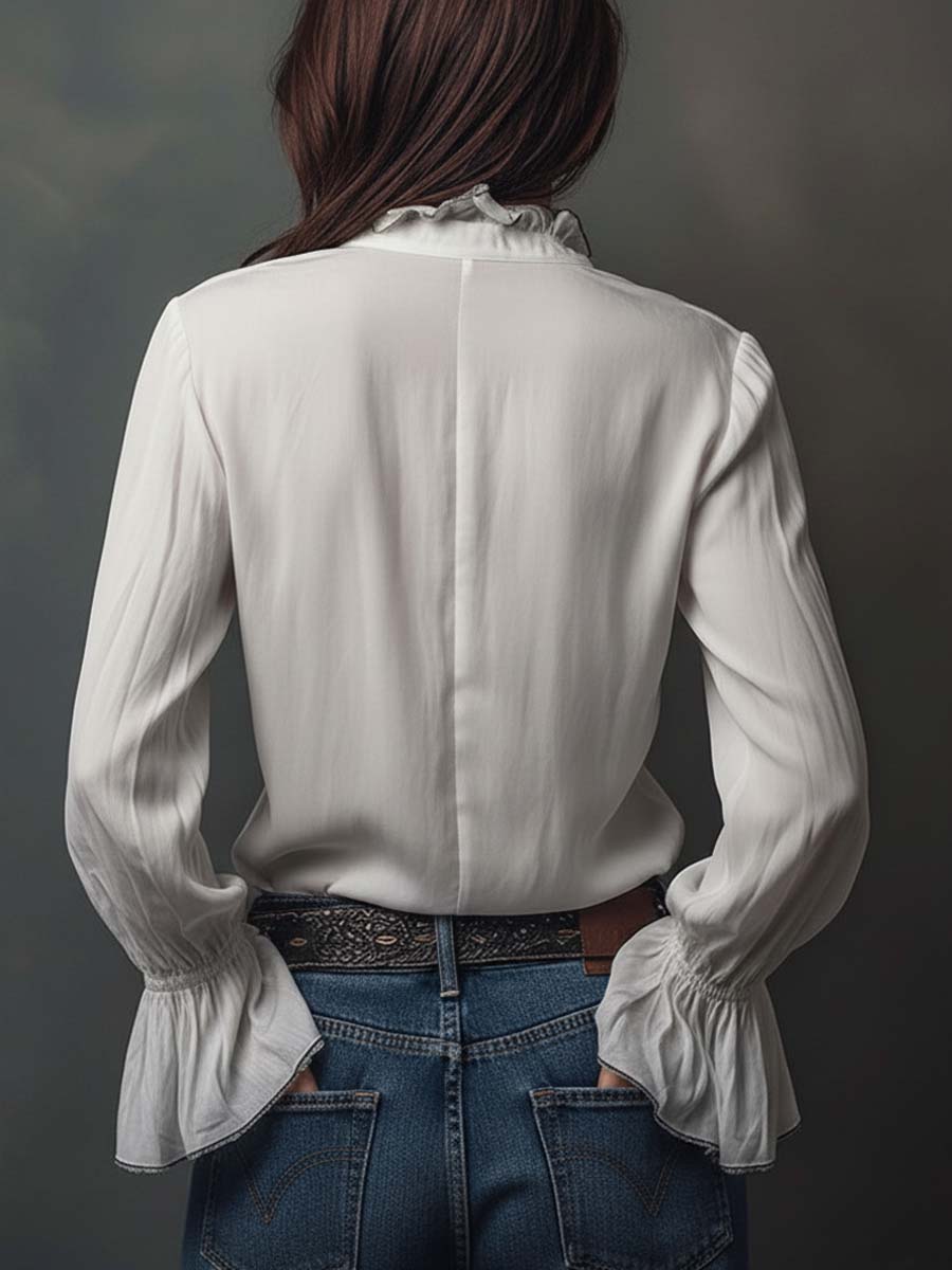 Zip-Front Blouse with Flounce Cuffs