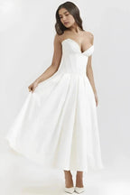 Strapless Boned Corset Midi Dress Voluminous Skirt
