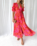 Floral Print Maxi Dress with Puff Sleeves