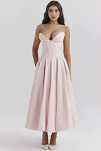 Strapless Boned Corset Midi Dress Voluminous Skirt