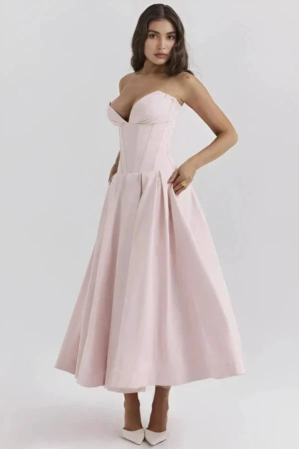 Strapless Boned Corset Midi Dress Voluminous Skirt