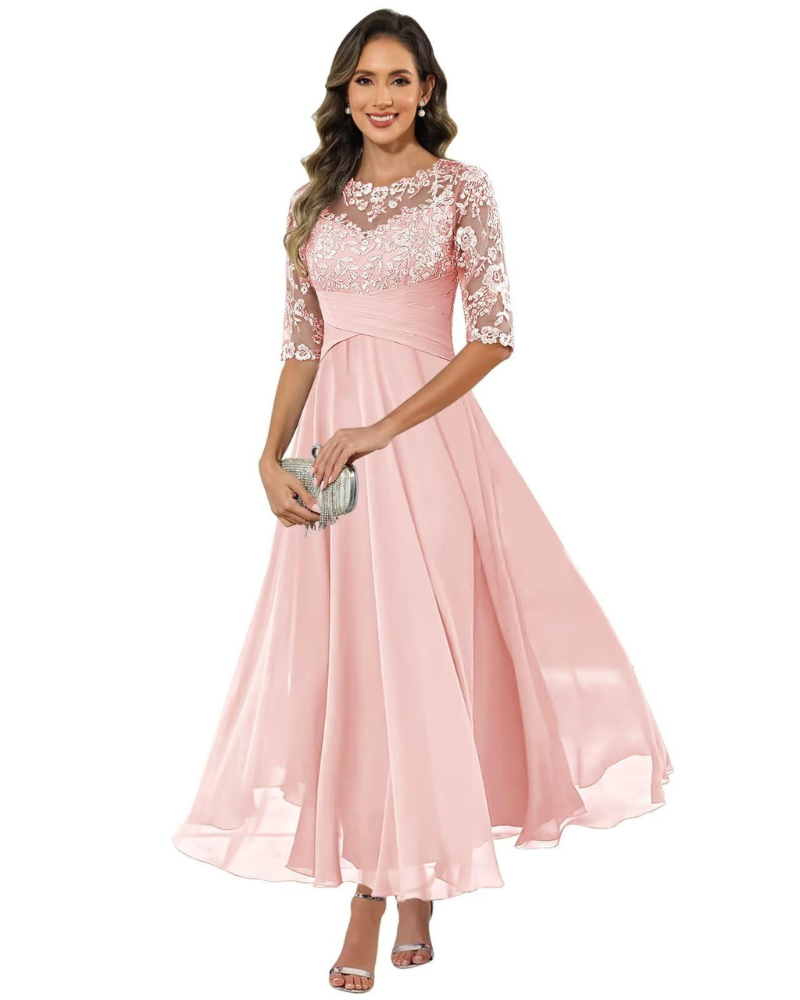 Elegant A-Line evening dress featuring lace detailing and flowing chiffon, designed with stylish 3/4 sleeves for a sophisticated look. 10
