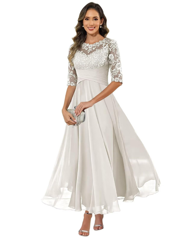Elegant A-Line evening dress featuring lace detailing and flowing chiffon, designed with stylish 3/4 sleeves for a sophisticated look. 11