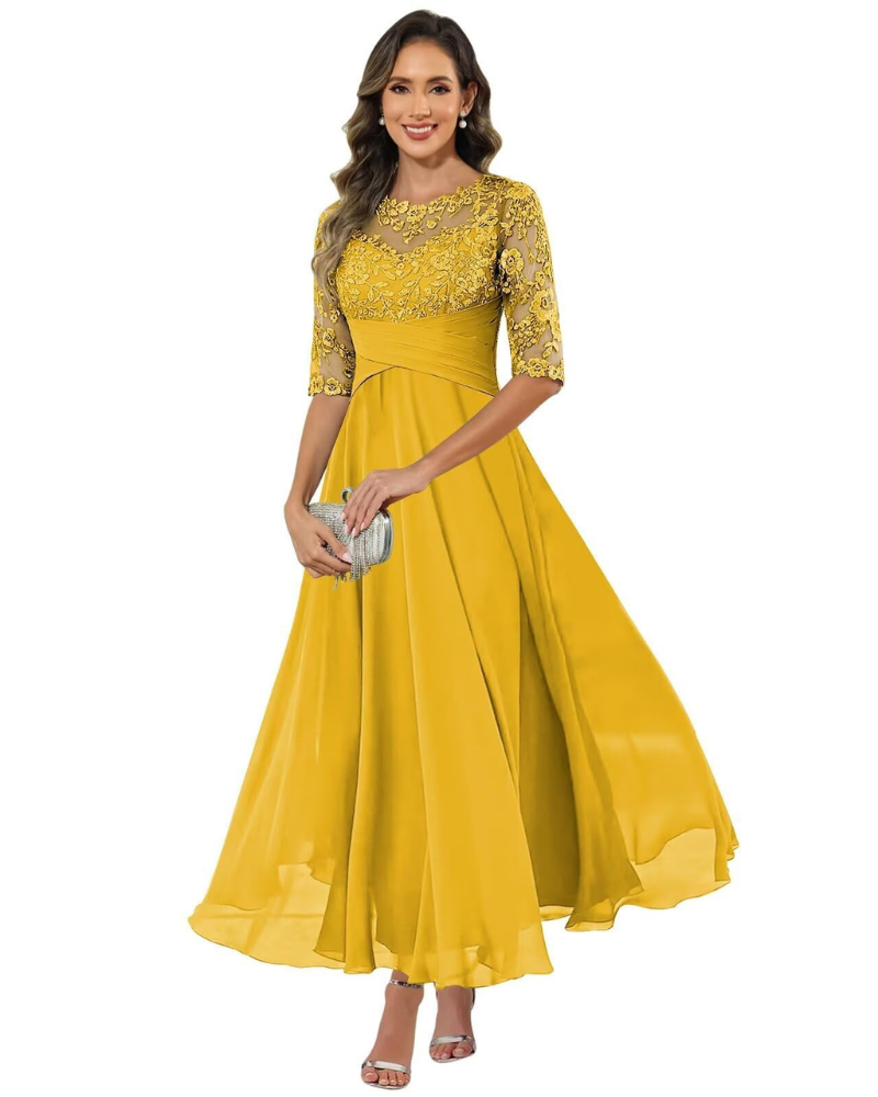 Elegant A-Line evening dress featuring lace detailing and flowing chiffon, designed with stylish 3/4 sleeves for a sophisticated look. 13