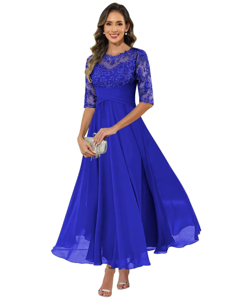 Elegant A-Line evening dress featuring lace detailing and flowing chiffon, designed with stylish 3/4 sleeves for a sophisticated look. 3