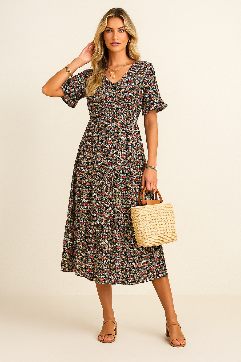 Floral Midi Dress Women Relaxed Fit