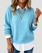 Casual Knit Sweater with Built-in Shirt Collar for Women