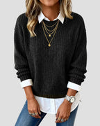 Casual Knit Sweater with Built-in Shirt Collar for Women