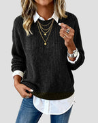 Casual Knit Sweater with Built-in Shirt Collar for Women
