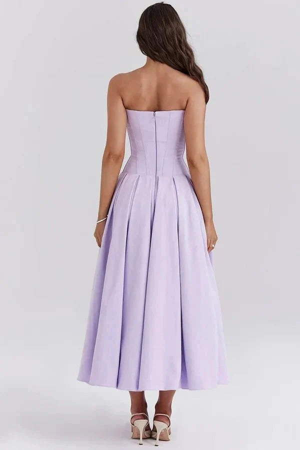 Strapless Boned Corset Midi Dress Voluminous Skirt