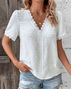 White Lace Trim V-Neck Blouse Women