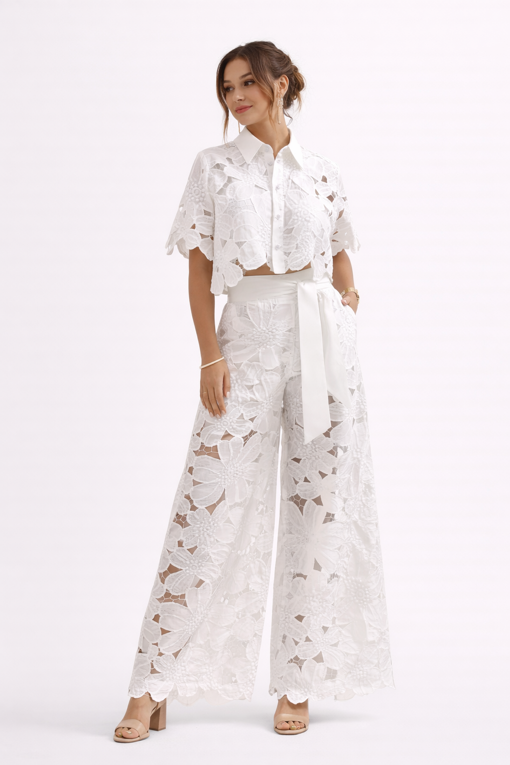 Floral lace women's set featuring a short sleeve blouse and wide leg pants, perfect for stylish summer outfits. 3