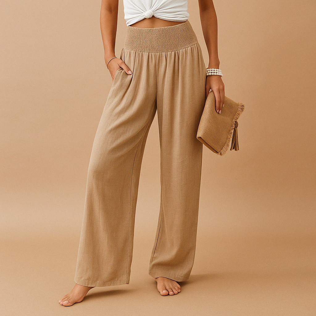 High Waist Linen Pants for Women - Comfortable, breathable elastic casual trousers perfect for warm weather and stylish everyday wear. 0