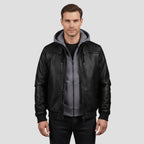 Men's Leather Bomber Jacket with Jersey Hood