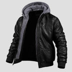 Men's Leather Bomber Jacket with Jersey Hood