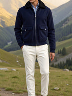 Navy Zip-Front Jacket with Lapel Collar