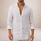 Men's linen shirt in regular fit with open collar and long sleeves, perfect for casual summer outings and stylish layering. 2
