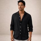 Men's linen shirt in regular fit with open collar and long sleeves, perfect for casual summer outings and stylish layering. 7
