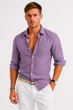 Men's linen shirt featuring a classic collar, long sleeves, and a slim fit design, perfect for casual and semi-formal occasions. 4