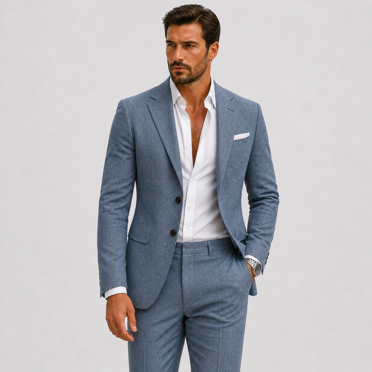 Men's slim fit linen suit in light beige, perfect for weddings and casual events, featuring a tailored design and breathable fabric for comfort and style. 6