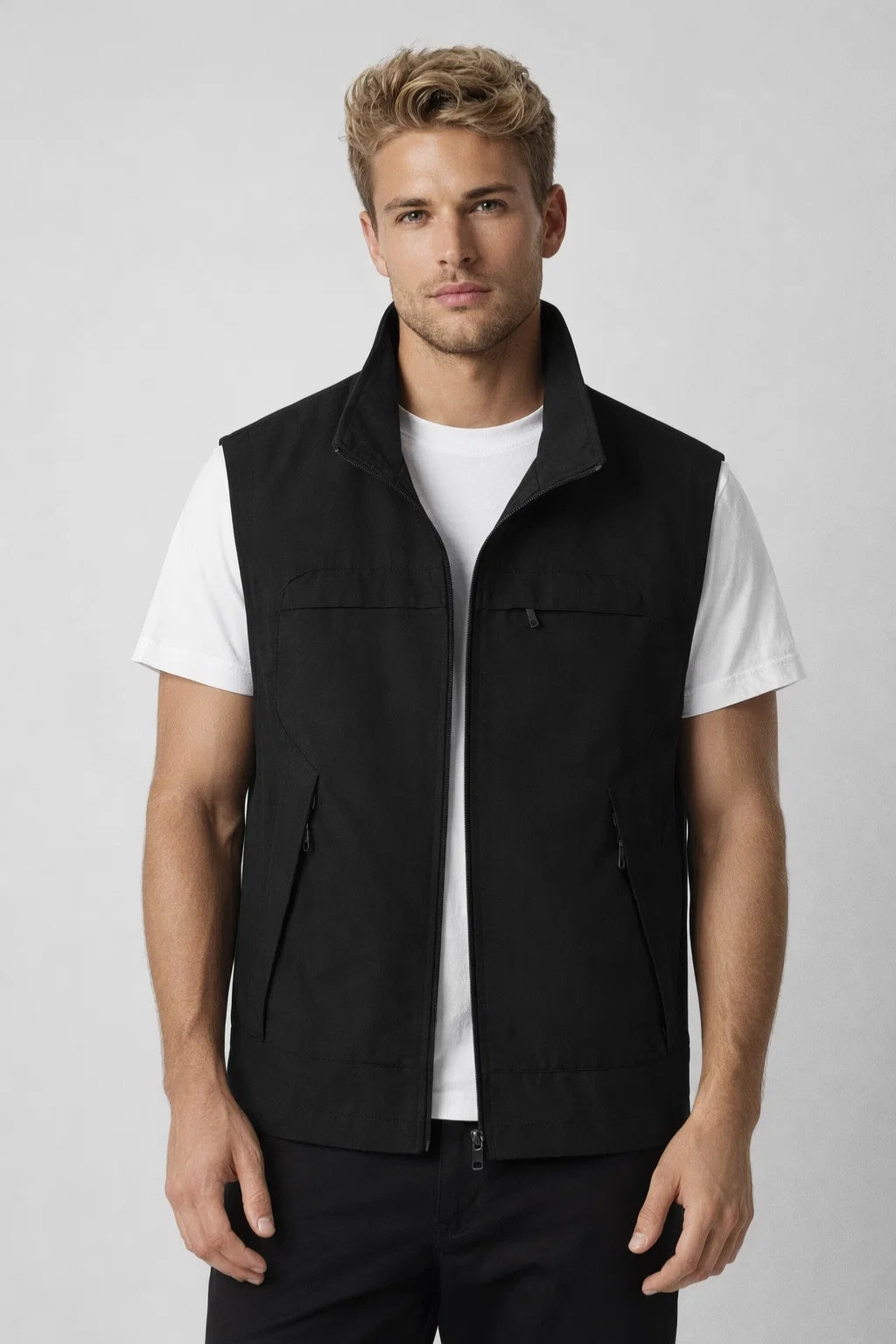 Men's lightweight vest featuring zippered pockets and a structured collar, ideal for outdoor activities and casual wear. 4