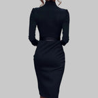 Long Sleeve V Neck Midi Dress Fitted Sheath Gold Buckle Belt