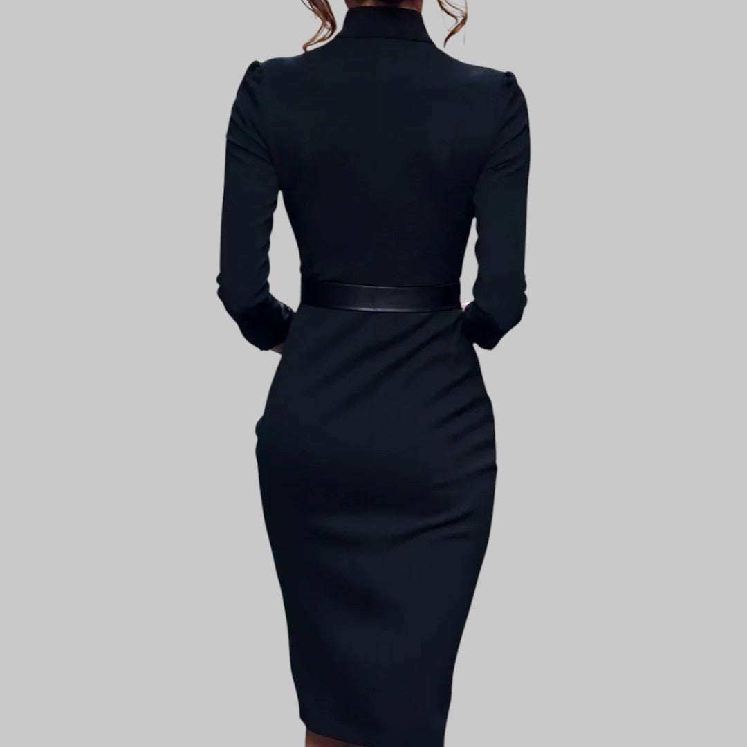 Long Sleeve V Neck Midi Dress Fitted Sheath Gold Buckle Belt