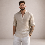 Regular fit linen shirt featuring a stylish stand-up collar and long sleeves, perfect for casual or semi-formal occasions. 4