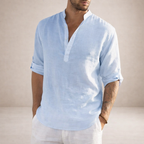 Regular fit linen shirt featuring a stylish stand-up collar and long sleeves, perfect for casual or semi-formal occasions. 5