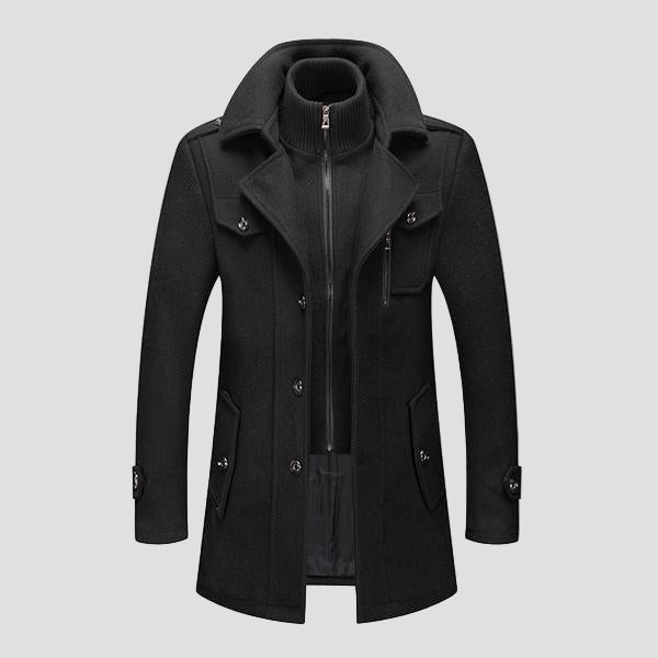 Black Wool Coat with Double Collar