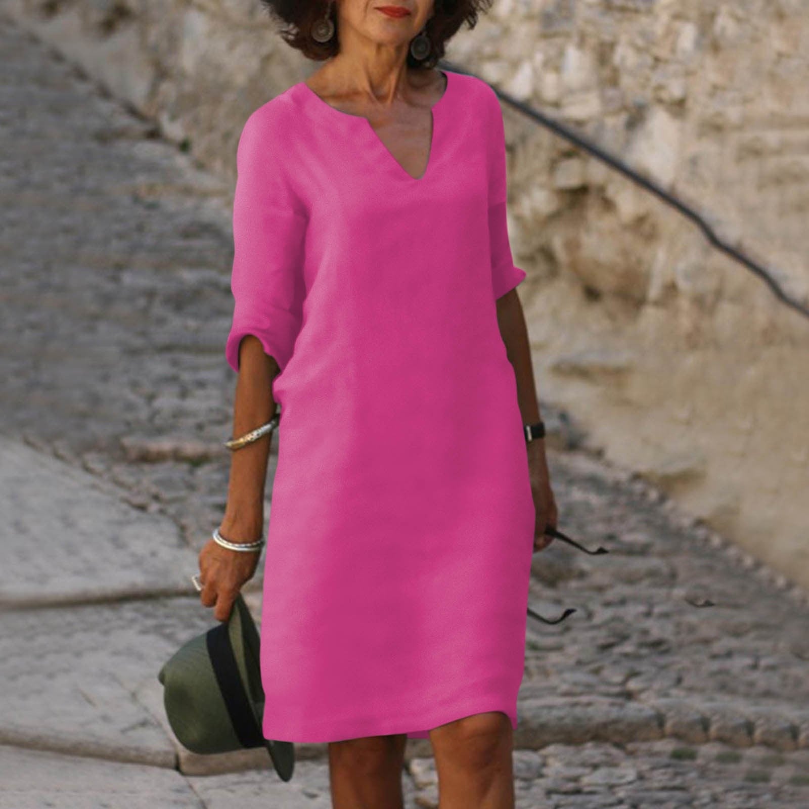 Women's V-Neck Linen Dress Midi Length