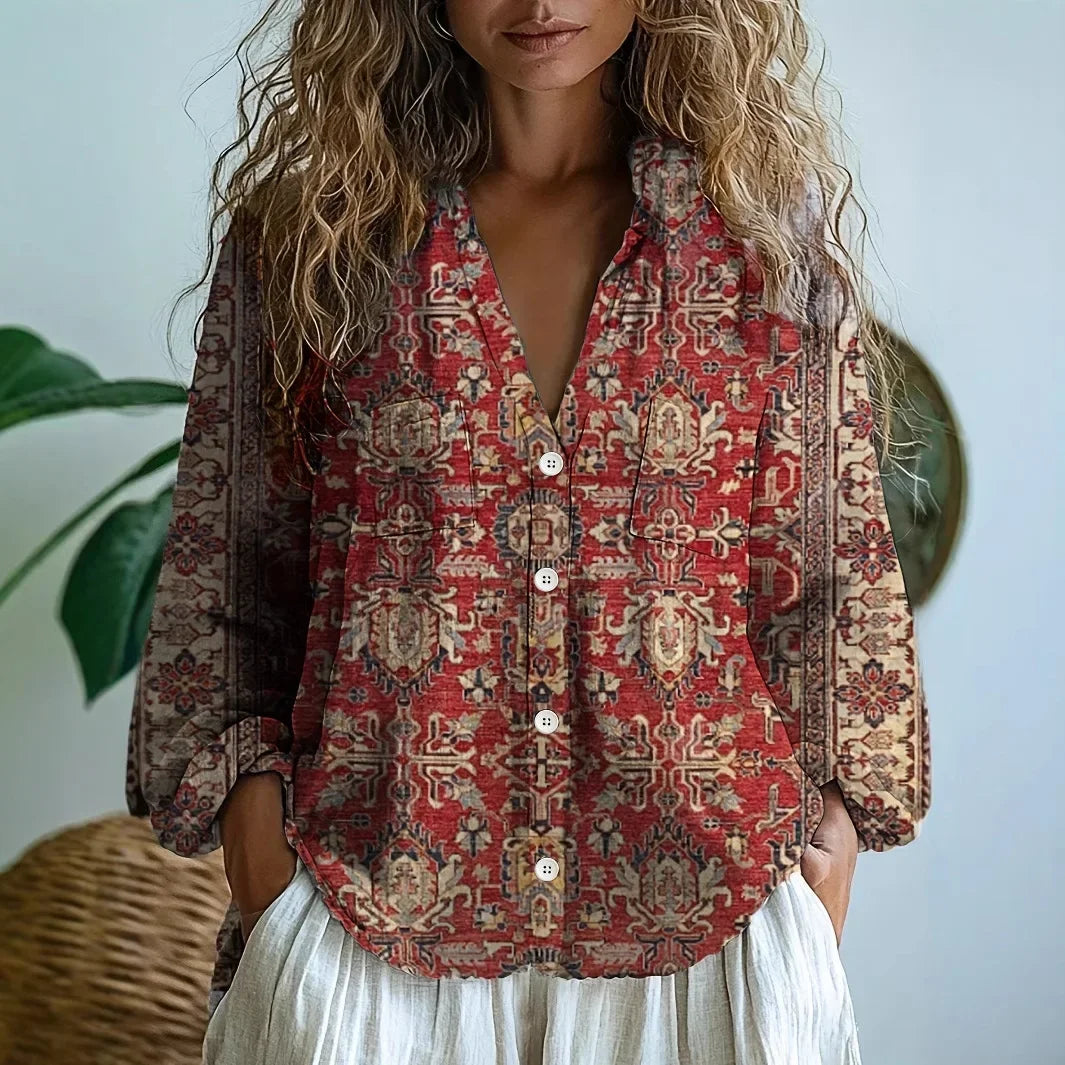 Women's Long Sleeve V-Neck Relaxed Blouse