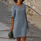 Women's V-Neck Linen Dress Midi Length