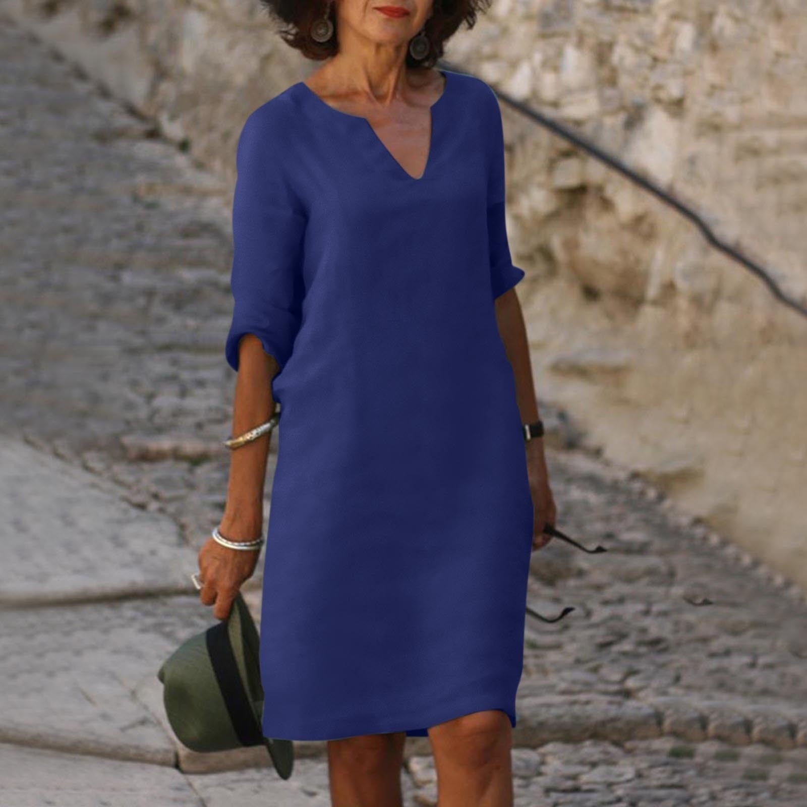 Women's V-Neck Linen Dress Midi Length