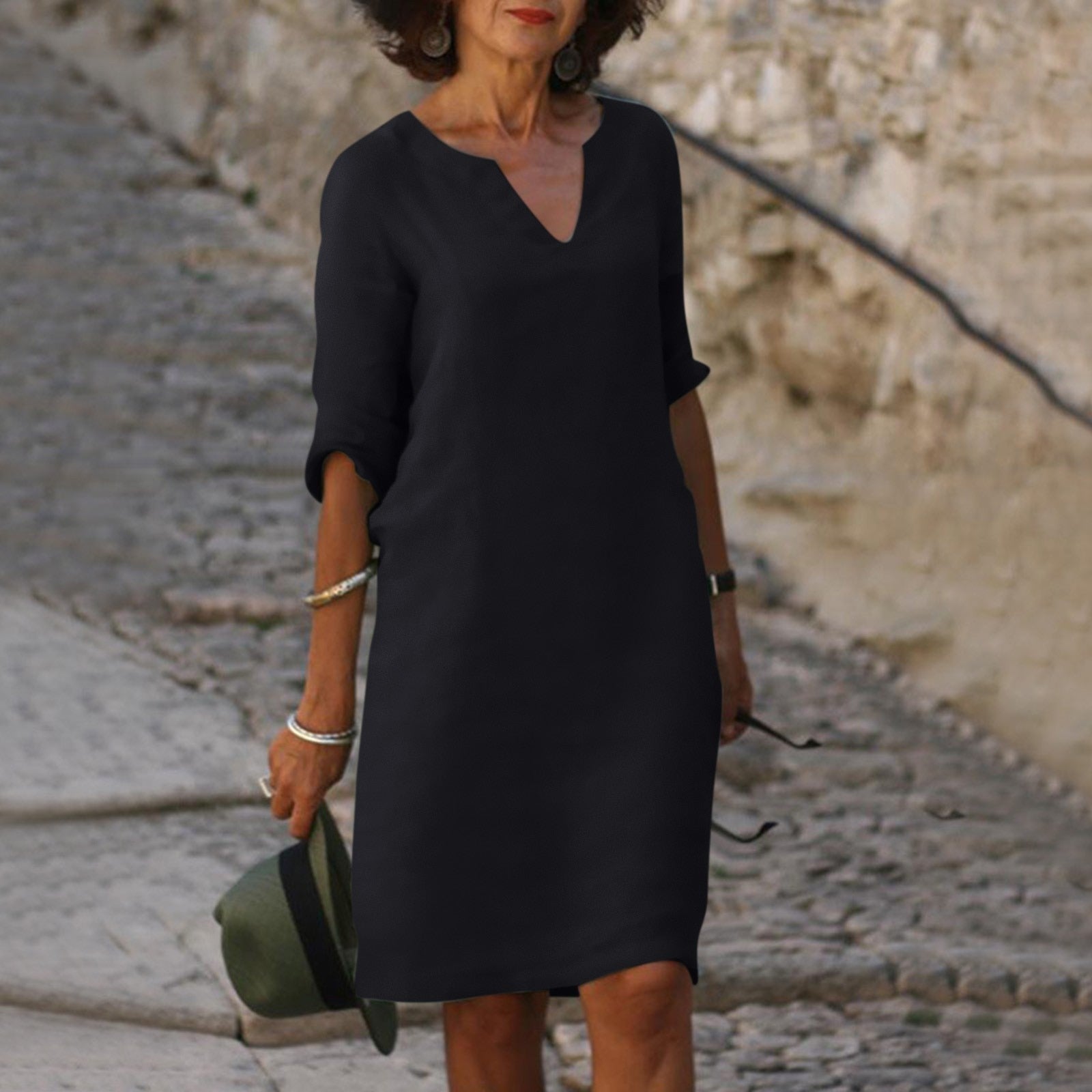 Linen V-Neck Midi Dress