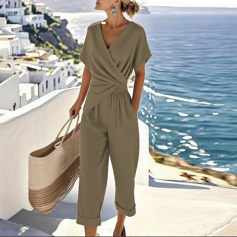 Short Sleeve Surplice Jumpsuit in Relaxed Fit