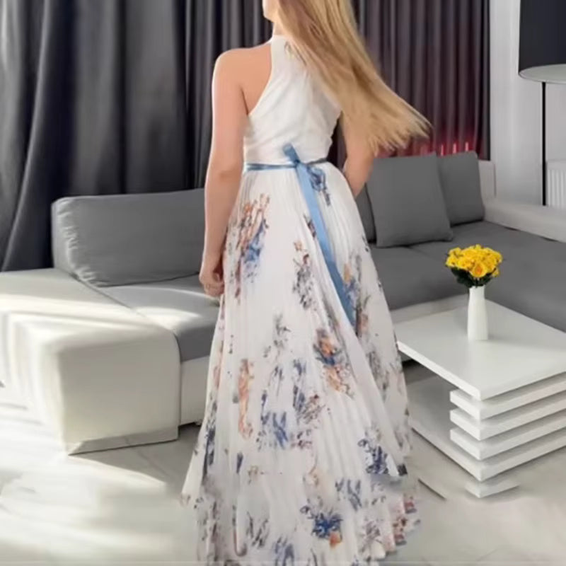 Pleated Maxi Dress with Ribbon Waist