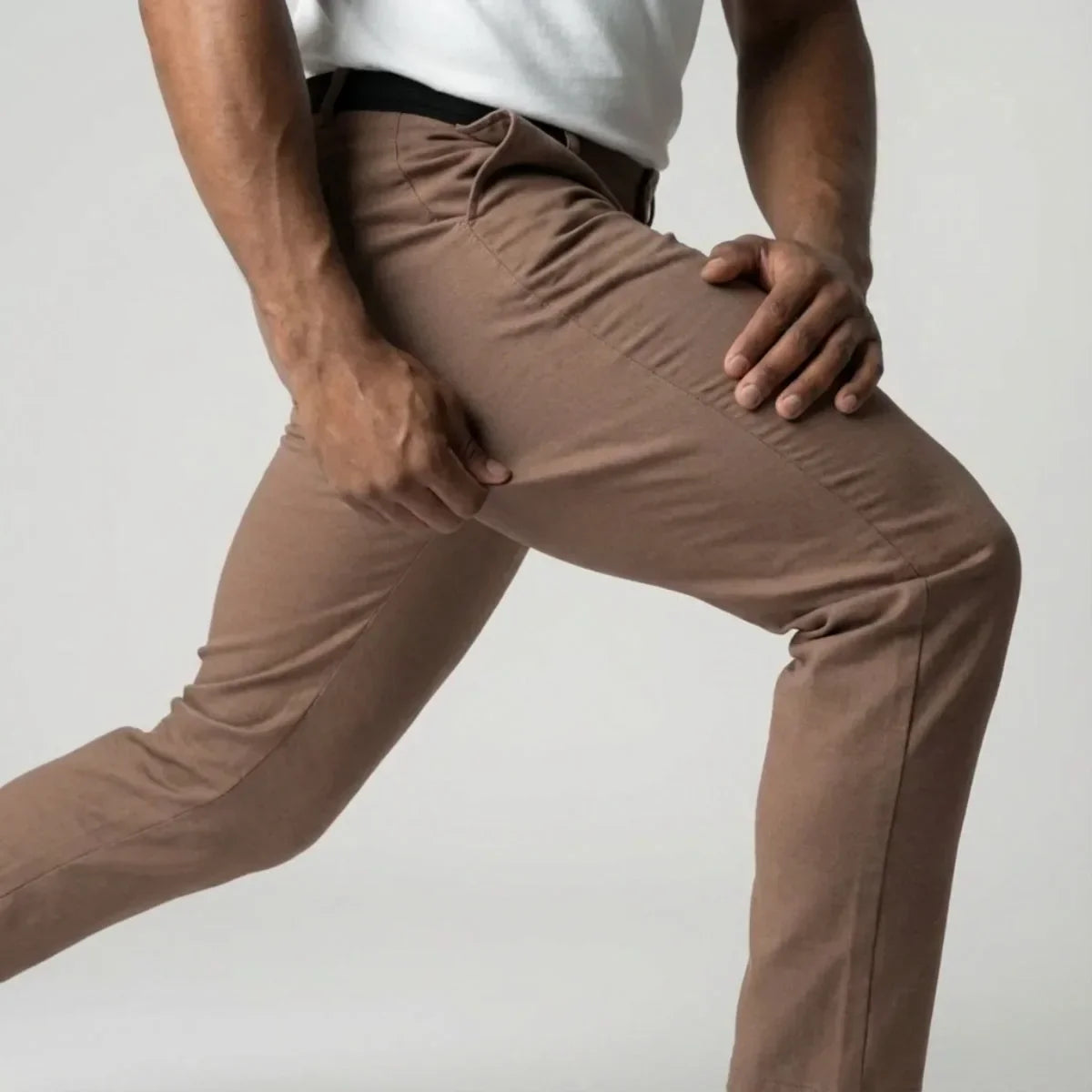 Light Brown Slim Fit Cotton Blend Trousers with Elastic Waist
