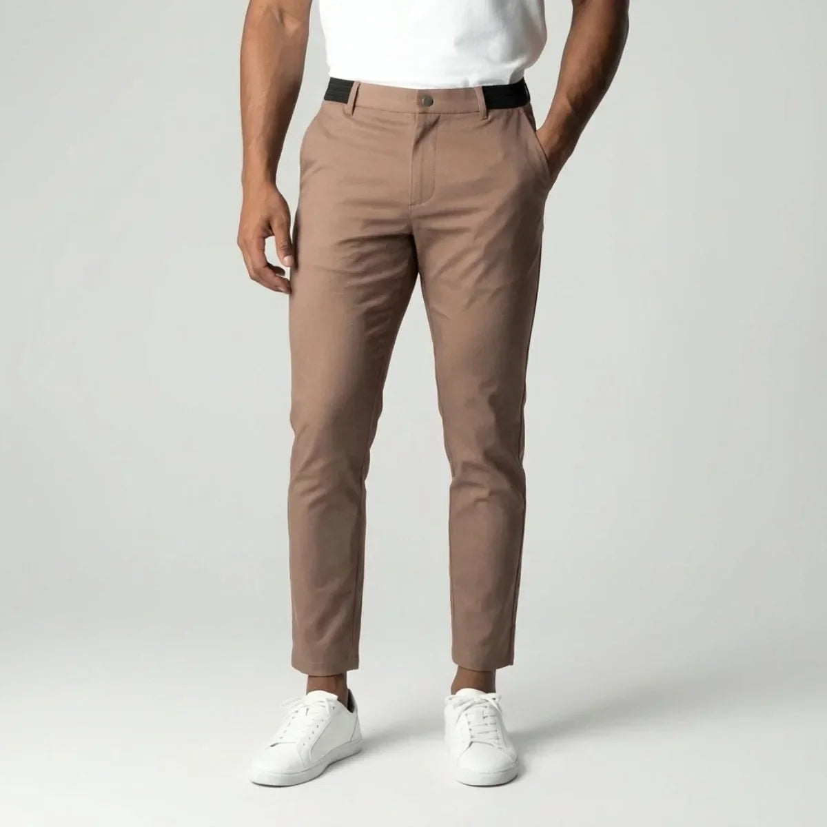 Light Brown Slim Fit Cotton Blend Trousers with Elastic Waist