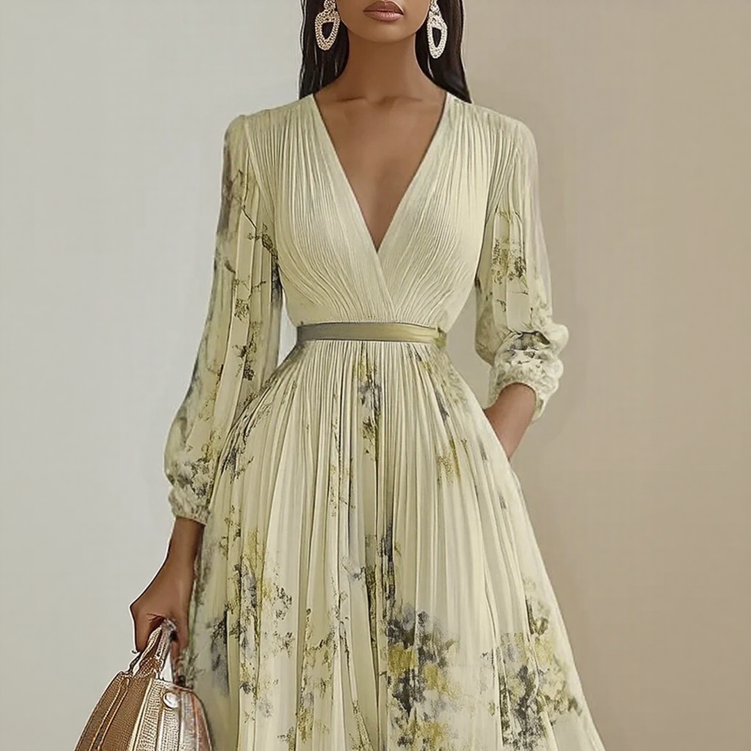 Pleated Maxi Dress with Ribbon Waist