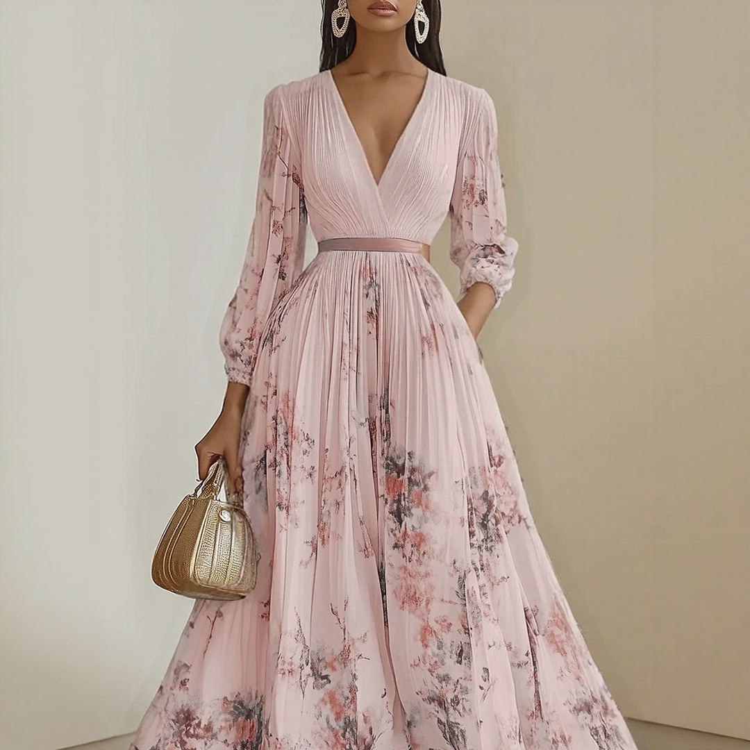 Pleated Maxi Dress with Ribbon Waist